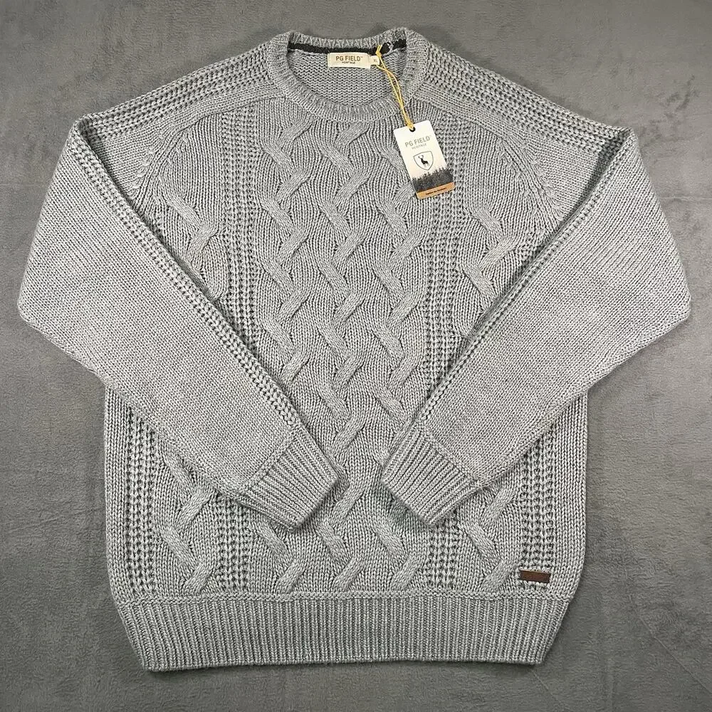 PG Field Sweater Gray Mens XL Knit Cable Crewneck Cotton Outdoor Casual
